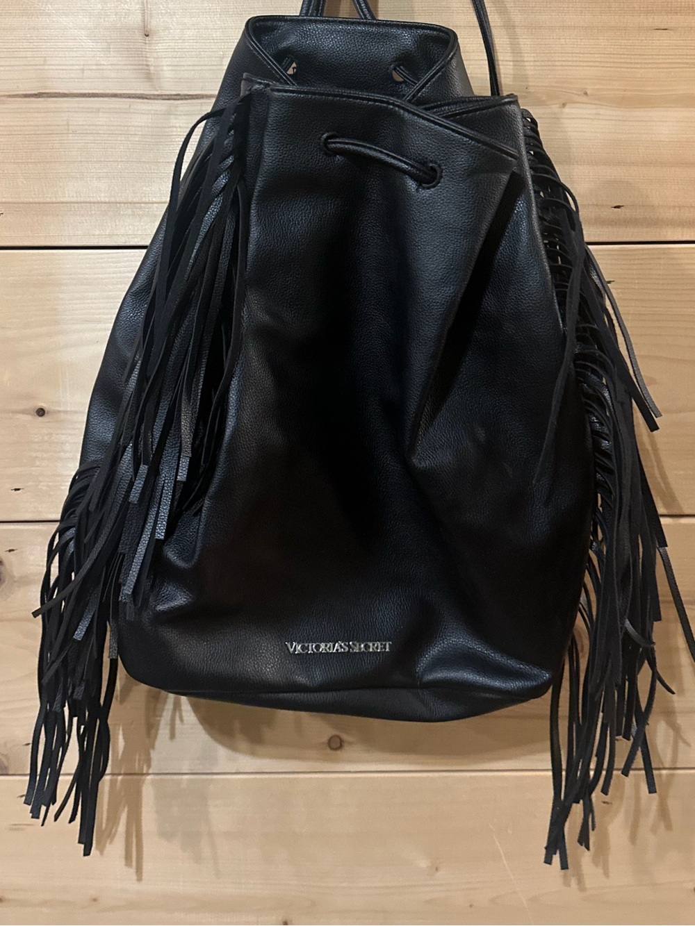 Victoria's Secret Black Fringe Drawstring Backpack Purse